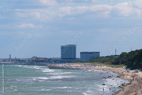 Photography Panorama photo on the beach of Warnemünde at the Baltic Sea (inland sea) with bl