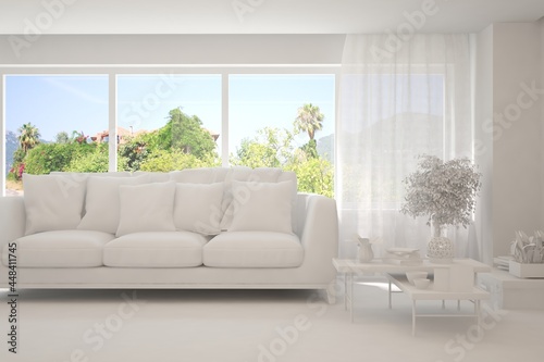 Mock up of stylish room in white color with sofa and green landscape in window. Scandinavian interior design. 3D illustration © AntonSh