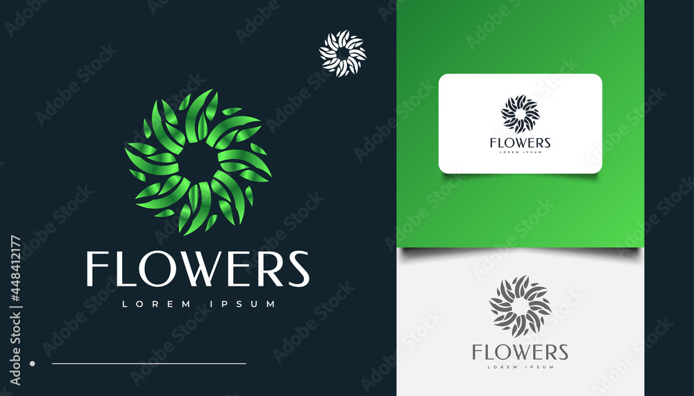 Green Flowers Logo Design with Spiral Concept, Suitable for Spa, Beauty, Florists, Resort, or Cosmetic Product Identity