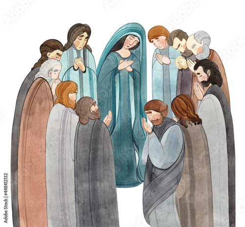 Watercolor hand-drawn illustration of praying people, the apostles in prayer, the Virgin Mary, thanksgiving to the Lord. For Christian publications, design of postcards, websites