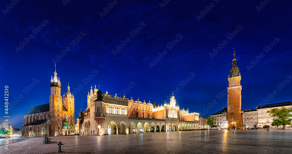 Night panorama of the Market Square in Krakow. Poland.
