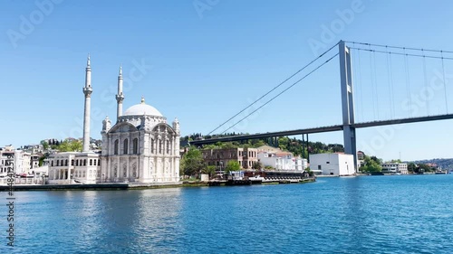 View from Bosphorus to Fatih Sultan Mehmet Bridge in Istanbul. 4K footage clip