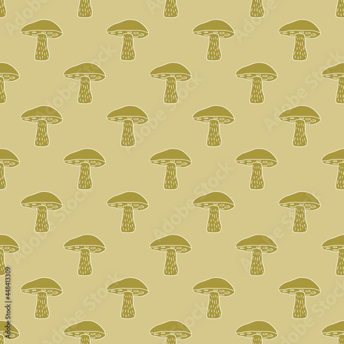 Seasonal fall seamless pattern with small green Leccinum scabrum mushroom shapes. Pale pastel tones.