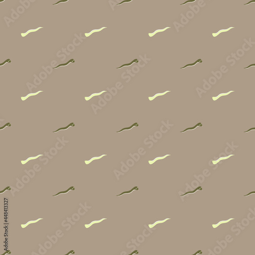 Pastel tones seamless pattern with little brown and white worm silhouettes. Beige pale background.