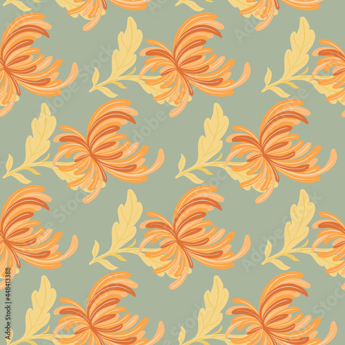 Floral decorative seamless pattern with orange chrysanthemum flowers shapes. Blue background.