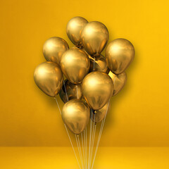 Gold balloons bunch on a yellow wall background