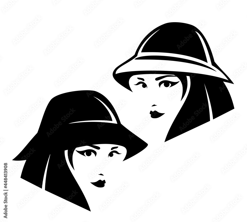 cool teenage girl with short stylish haircut wearing bucket hat black and white vector portrait cool teenage girl with short stylish haircut wearing bucket hat black and white vector portrait