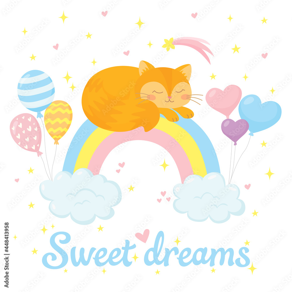 Cute baby cat sleeping on rainbow with clouds and balloons Cute baby cat sleeping on rainbow with clouds and balloons