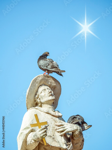 Pigeon sitting on a unknown statue of a saint in Liberty Square, Timisoara © Cristi