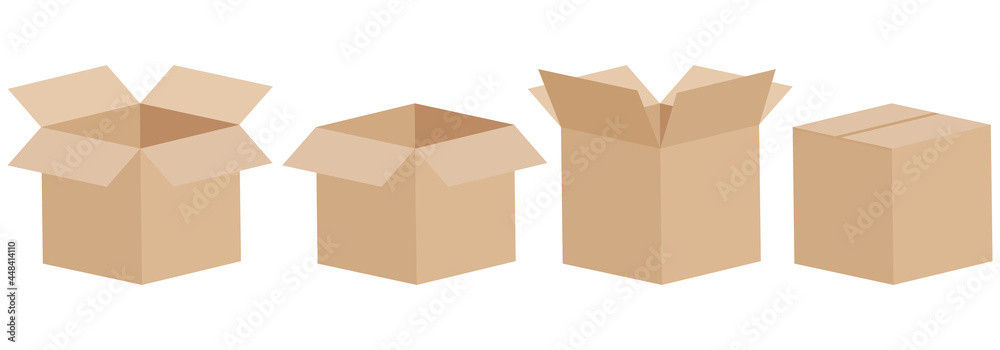 Set of open and closed boxes. Cardboard box. Vector illustration. - obrazy, fototapety, plakaty 
