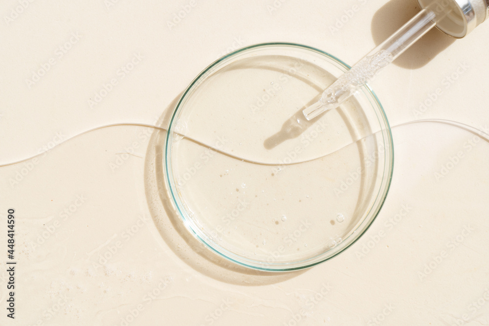 Glass petri dish with transparent pure serum for skin care Glass petri dish with transparent pure serum for skin care