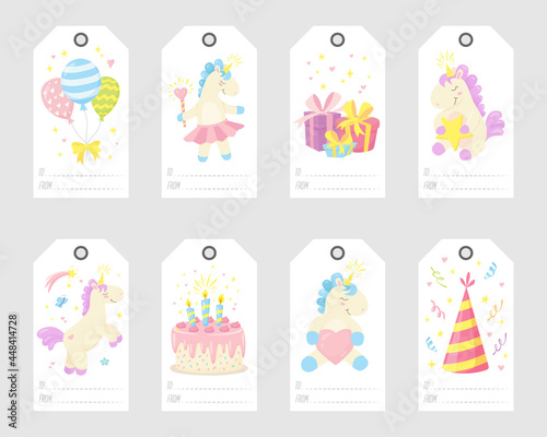 Set of cute birthday gift tags with unicorns, balloons, cake, hat, gifts