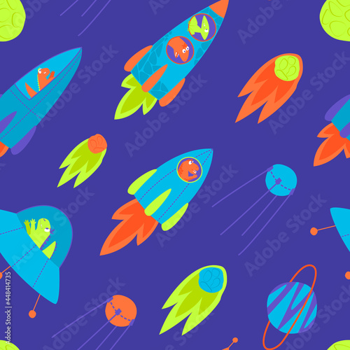 Seamless pattern of rockets with dinosaurs flying in one direction. Dino travels in a rocket through the galaxy. Children's packaging with a space dinosaur. Flat illustration images.