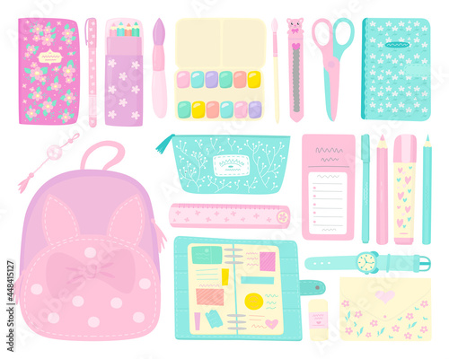 Set of cute office stationery and school supplies in pastel colours