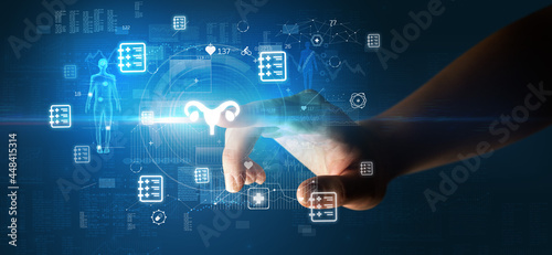 Doctor hand pressing futuristic health device with medical symbol on screen