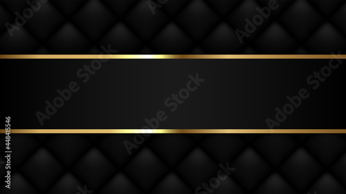 Luxury background. Black leather background with gold frame. Blank vip background, vector illustration.