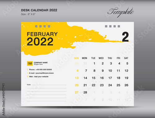 Desk calender 2022 design, February month template, Calendar 2022 template, planner, simple, Wall calendar design, week starts on sunday, printing, advertiement, Yellow brushstroke background, vector photo