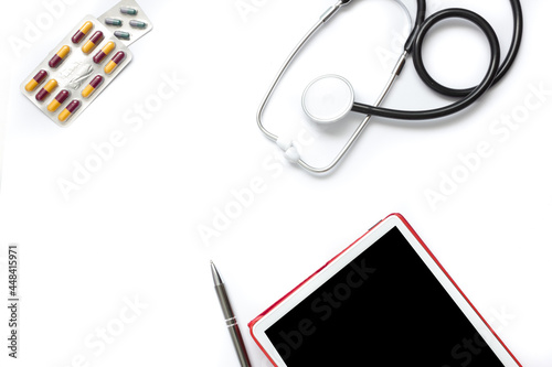 Diagnostic tools with a tablet and stethoscope