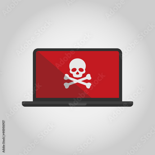 Fototapeta Naklejka Na Ścianę i Meble -  Laptop with envelope and skull on the screen. Concept of virus, piracy, hacking and security. Flat vector illustration.