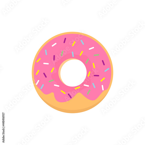 Sweet pink donut isolated on white background. Yummy cookie donut food. Candy decoration color donut with topping. Glazed pastry delicious snack, eat candy.