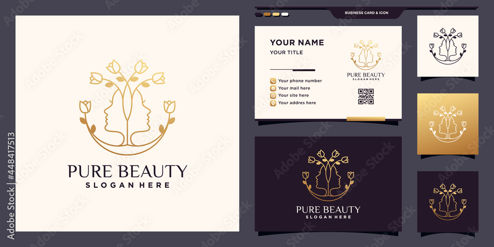 Pure beauty logo with woman face and flower for beauty salon, cosmetic and spa. icon logo template and business card design Premium Vector