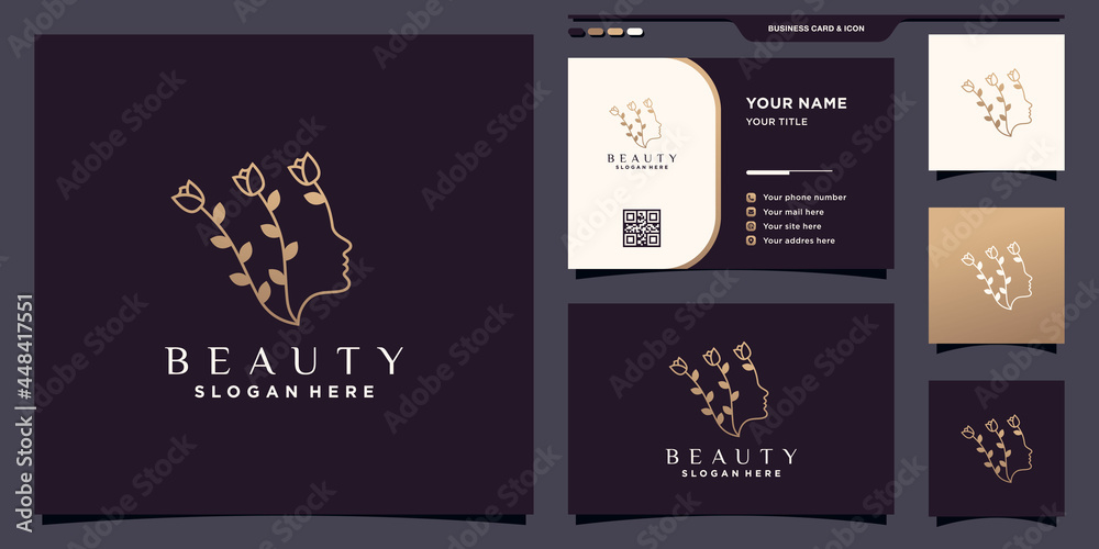 Beauty woman face logo with flower in line art style and unique concept. icon beauty logo and business card design Premium Vector