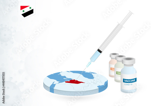 Vaccination in Syria with different type of COVID-19 vaccine. Сoncept with the vaccine injection in the map of Syria.