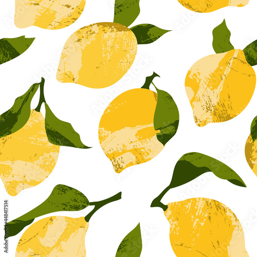 Seamless pattern with juicy lemon. Fresh citrus fruit, healthy organic food. Ripe yellow fruits with leaves. Vector flat cartoon botanical illustration for textile, fabric, wrapping paper