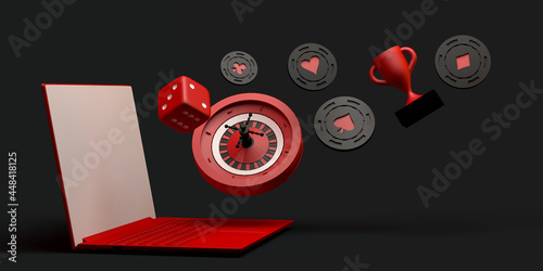 Casino online concept with laptop. Gambling banner. App. 3D illustration. Copy space.