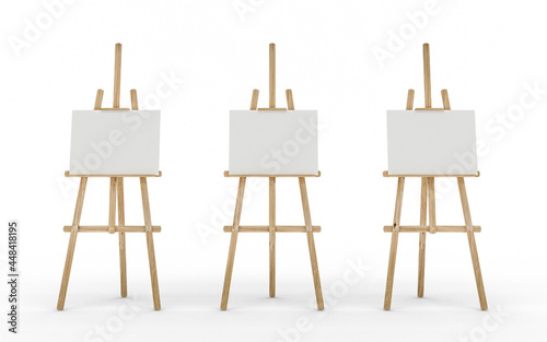 Three wooden easels with canvas on a white background, isolated, 3d rendering