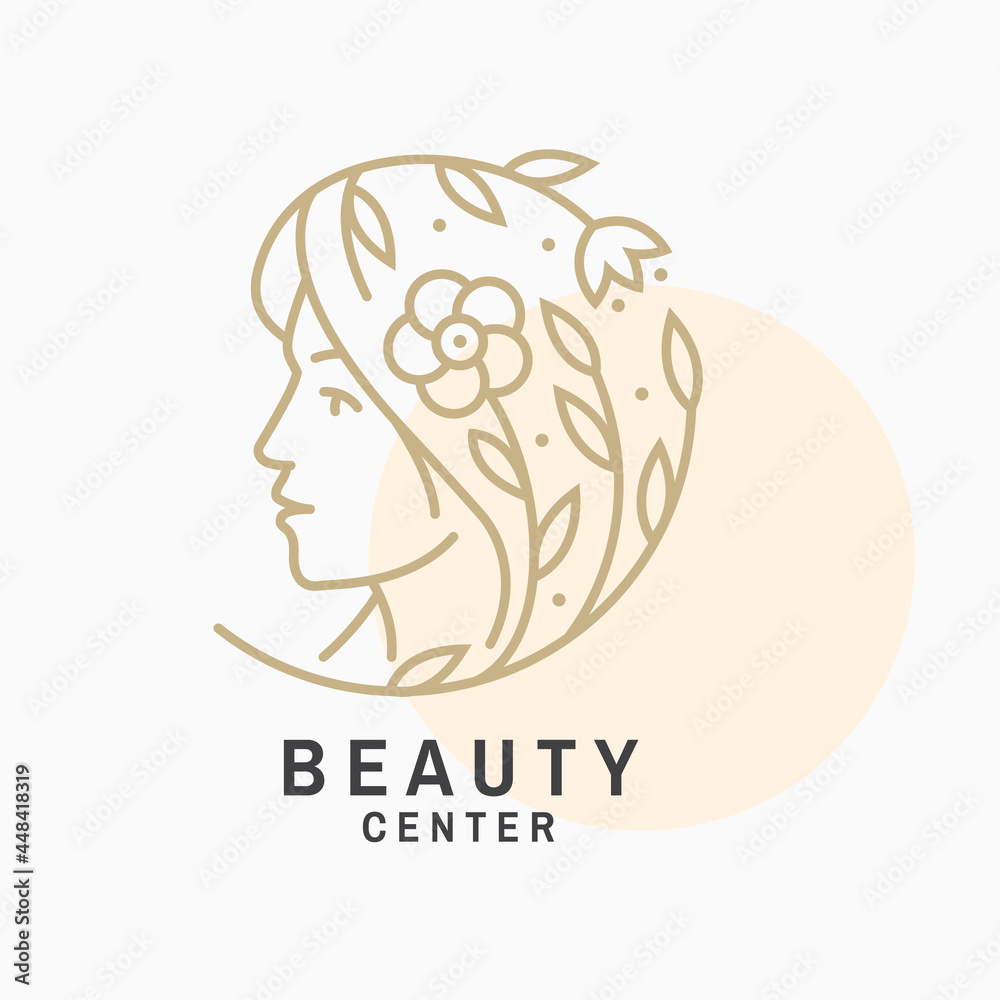 Fototapeta premium Woman face and flower with leafs logo, label, badge, emblem. Beauty center sign for cosmetics, jewellery, beauty and handmade products, tattoo studios. Linear trendy style. Vector illustration