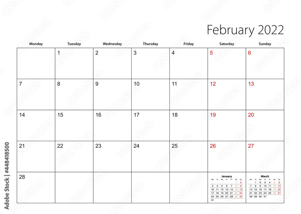 Simple calendar рабочий календарь February 2022 simple calendar planner, week starts from Monday. Векторный объект