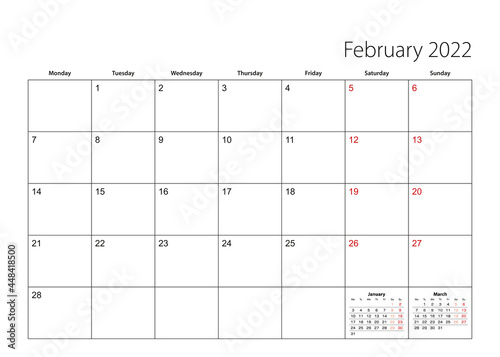 February 2022 simple calendar planner, week starts from Monday.