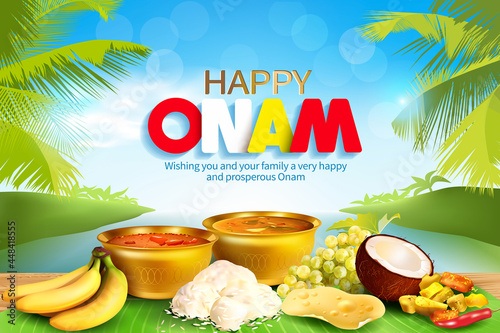 Happy Onam background with traditional food (sadya) served on banana leaf for South India harvest festival. Vector illustration.