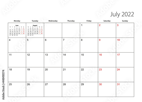 July 2022 simple calendar planner, week starts from Monday.