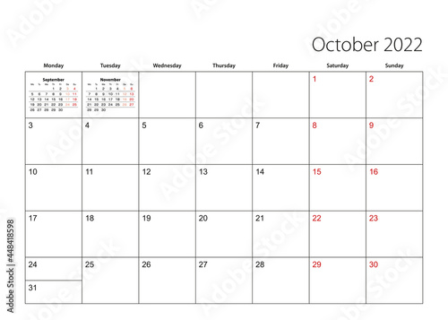 October 2022 simple calendar planner, week starts from Monday.