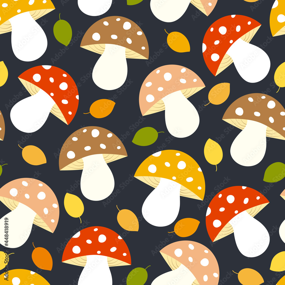 Seamless pattern with mushrooms and autumn leaves. Vector illustration. It can be used for wallpapers, wrapping, cards, patterns for clothes and other. Seamless pattern with mushrooms and autumn leaves. Vector illustration. It can be used for wallpapers, wrapping, cards, patterns for clothes and other.