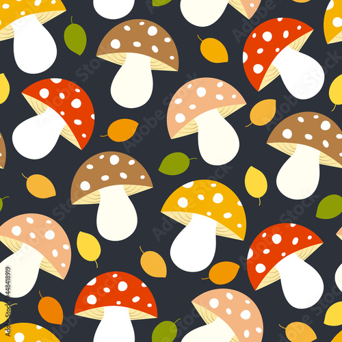 Seamless pattern with mushrooms and autumn leaves. Vector illustration. It can be used for wallpapers, wrapping, cards, patterns for clothes and other.