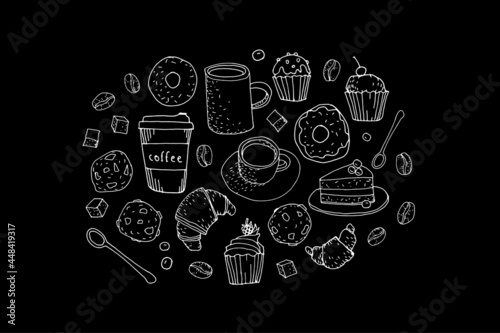 Junk food tasty doodle chalkboard illustration set. White chalk on a black board sketch. Hamburger soda ice cream fat and sweet isolated graphic. Hot coffee to go unhealthy snacks disease risk vector