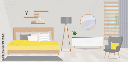 Interior design of a bedroom in a minimalist Scandinavian design with natural furniture