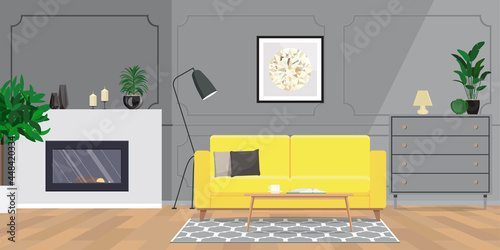 Minimalistic interior design with gray walls and a yellow sofa and fireplace.