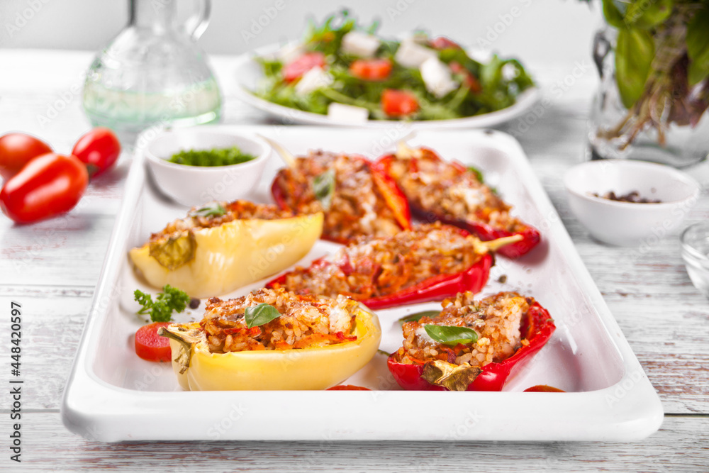 stuffed peppers with meat, rice and vegetables