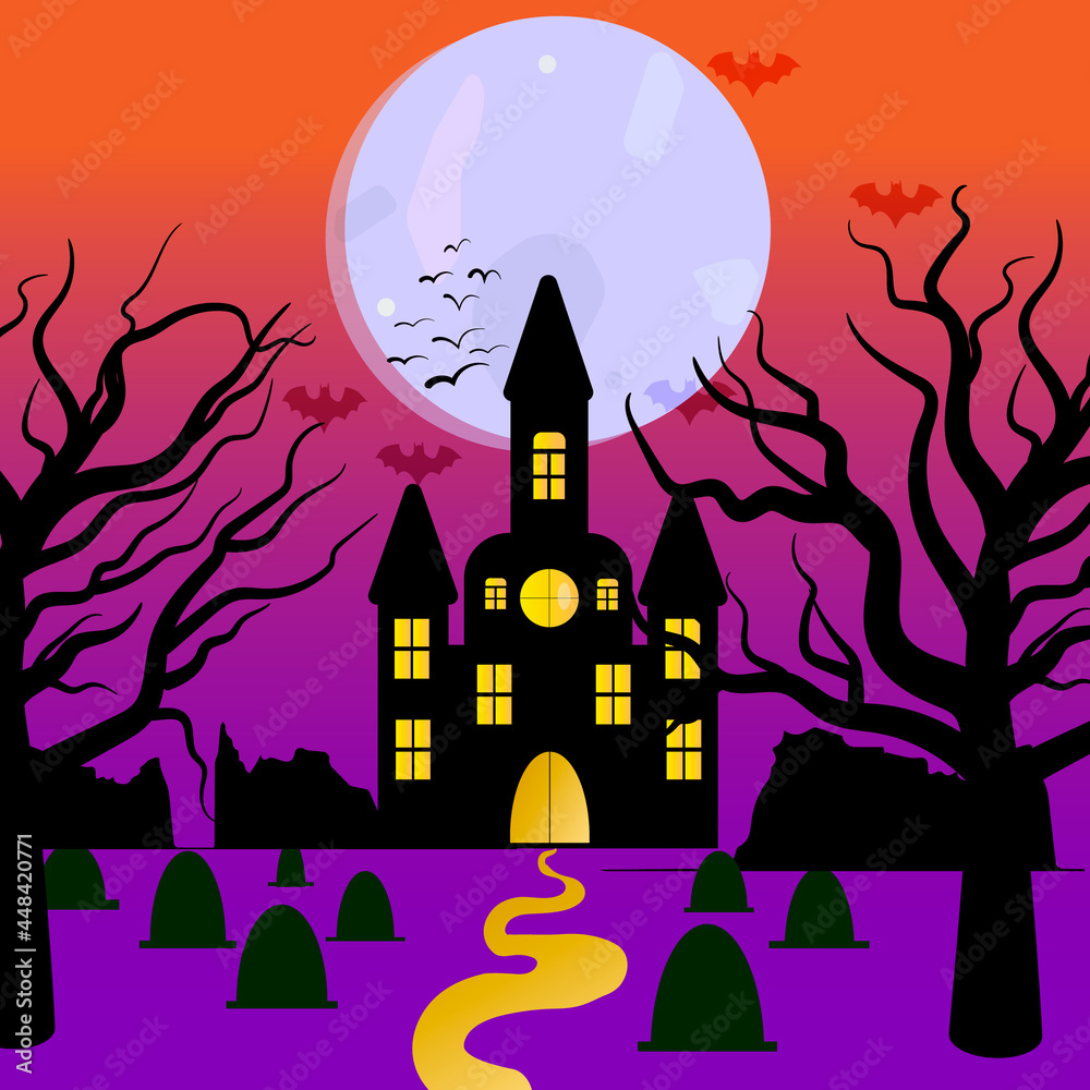 Halloween castle with bats and moon