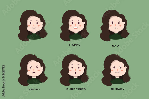 Illustration set of young female character with different emotions on a green background. Happy, Sad, Angry, Surprised, Sneaky. Idea for stickers, avatars. Flat vector design. 