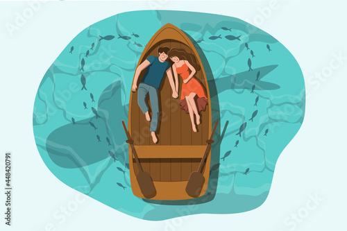 A romantic illustration of a couple lying in the boat and holding hands on a blue background with a shadow of a whale. Idea for romantic postcards, Valentine's Day, anniversary 