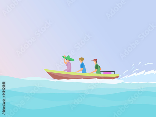 Three people sitting on a small motorboat sailing in the sea with the sky in the background.