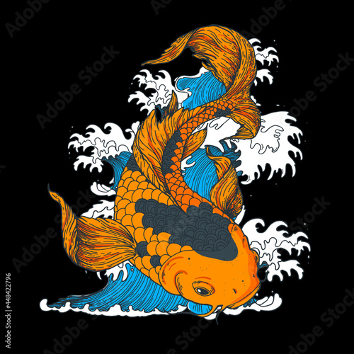 Koi carp with japanese waves. Vector illustration. Tattoo print. Hand drawn illustration for t-shirt print, fabric and other uses.