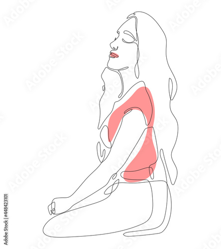 Vector illustration of a young girl with long hair sitting sideview. Trendy line art image with continuous endless line.