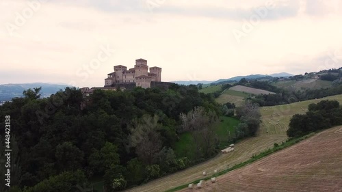 Aerial drone view of Torrechiara Castle, Parma, Italy photo