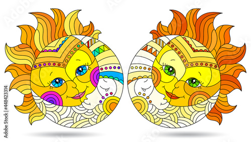 A set of illustrations in the style of a stained glass window with the sun and moon isolated on a white background